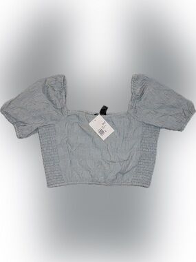 NWT (L) Forever 21 Blue Gingham Puff Sleeve Crop Top